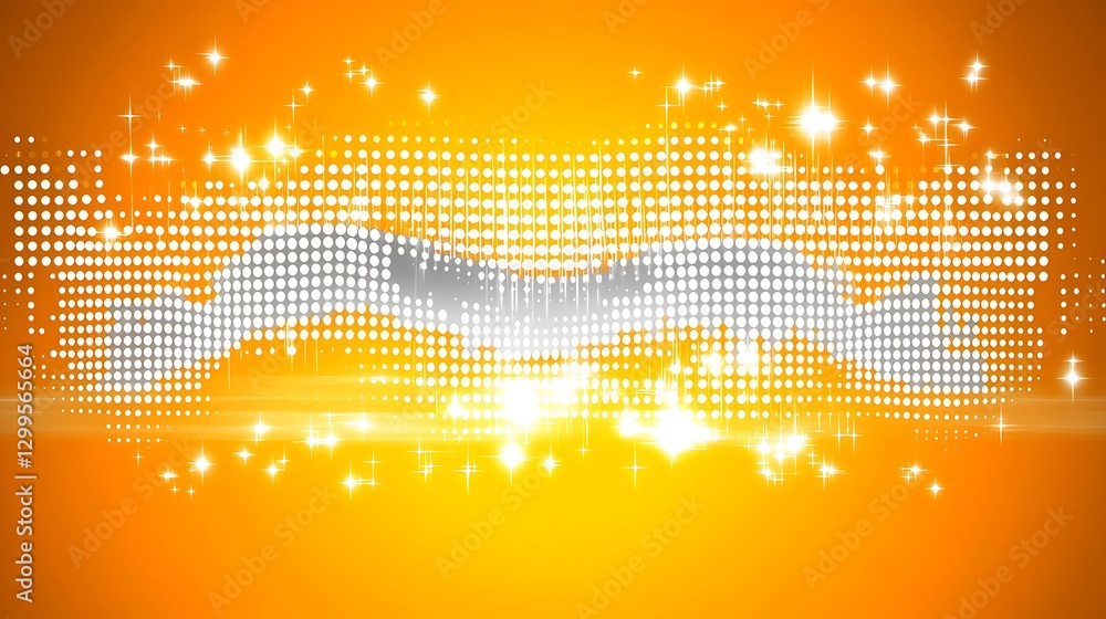 Poster digital graphic wave pattern with bright sparkles and a light orange background radiating light