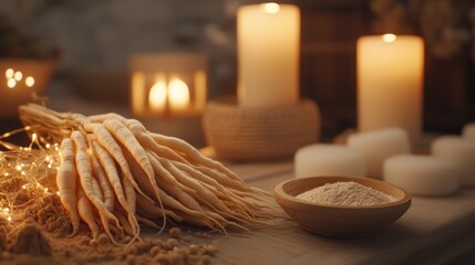 Ginseng : natural remedy, herbal healing, traditional medicine, root extract, vitality boost, ancient therapy, wellness support, energy restoration, immune strength, botanical supplement.