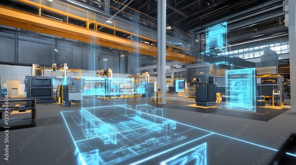 Poster a factory with blue and yellow lights and a blue and yellow computer screen. the computer screen is 