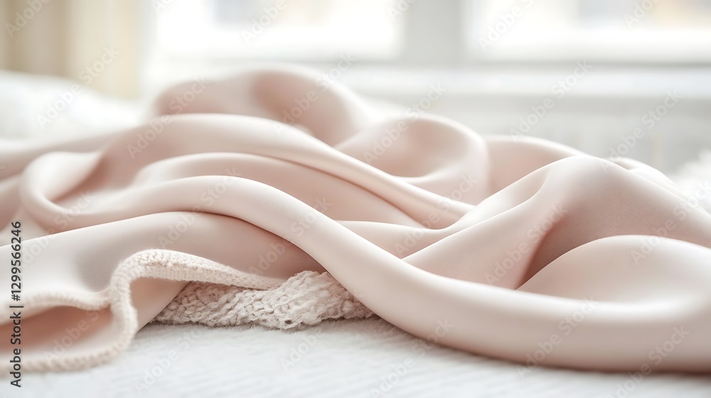 Poster elegant drape of silky rose fabric displaying delicate folds and subtle texture on soft bedding