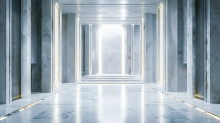 Obraz premium Futuristic marble hallway with glowing lights and arched doorway, featuring elegant modern architecture and a sci-fi ambiance