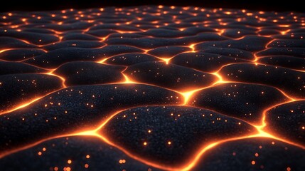 Fototapeta premium Fiery Underground Flowing Lava Veins Glowing Through Cracks In Black Rock Textured Surface Scenery