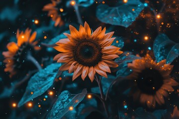 Moonlit Sunflowers Turning Towards the Night Sky in Vibrant Colors