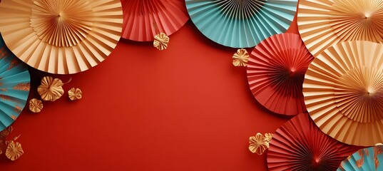 Paper fan medallion chinese new year decoration. Concept of Happy Chinese New Year festival background. 3D rendering,

