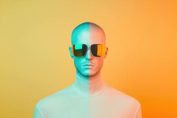 A modern mannequin wearing sunglasses, showcasing vibrant blue and orange colors, evoking a stylish and bold aesthetic, ideal for summer fashion concepts