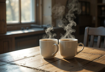 Two steaming cups of coffee on rustic wooden table, basking in the soft light of a cozy cafe, perfect for moments of connection and love