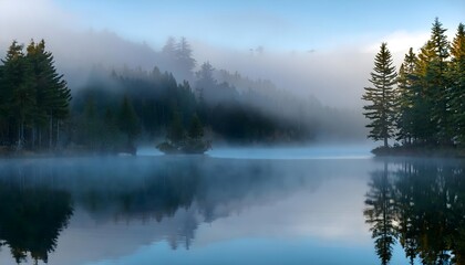 Fototapeta premium Foggy Morning Over a Tranquil Forest Lake, Mystical Landscape with Fog and Water Reflections, Dreamlike Lake Scene with Fog and Reflections.