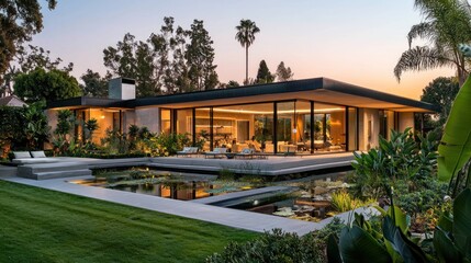 Fototapeta premium Modern house with pool and garden at sunset.