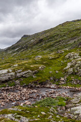 Breathtaking Landscape with Rolling Green Hills and Rocky Stream Under a Dramatic Cloudy Sky - A Glimpse of Nature's Splendor in Nordic Regions