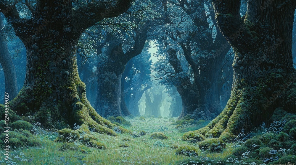 Poster mystical forest path with moss-covered ancient trees and soft light.