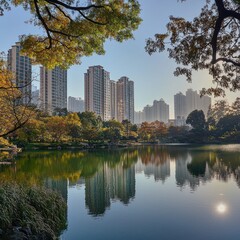 Naklejka premium Urban park with skyscrapers reflected in calm lake water at sunrise.
