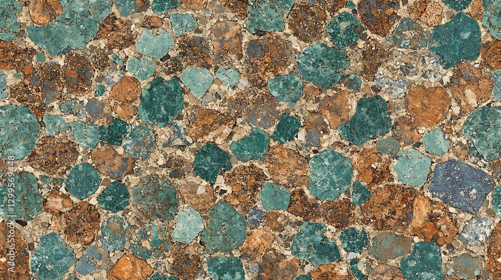 Poster texture of aggregated stones in shades of brown and green creating a pebble mosaic surface effect
