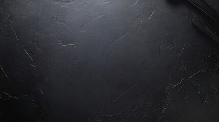 Textured Dark Stone Surface Background With Minimal Lighting And Black Utensils On The Right Side