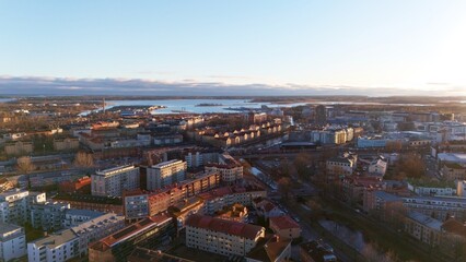 Aerial View of Karlstad, Sweden at Sunset with Cityscape and Waterways 