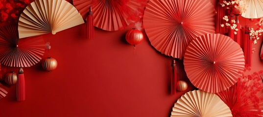 Paper fan medallion chinese new year decoration. Concept of Happy Chinese New Year festival background. 3D rendering,
