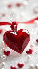 Fototapeta premium red glass heart ornament on sparkling background