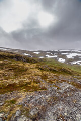 A Mystical Landscape Shrouded in Fog: Snow-Capped Peaks and Rolling Lush Greenery Amidst a Dramatic Cloudy Sky Captured in a Nordic Wilderness Scene