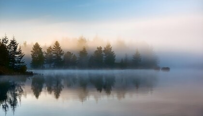 Fototapeta premium Foggy Morning Over a Tranquil Forest Lake, Mystical Landscape with Fog and Water Reflections, Dreamlike Lake Scene with Fog and Reflections.