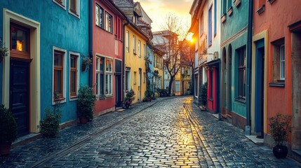 Obraz premium Colorful cobblestone street at sunset.