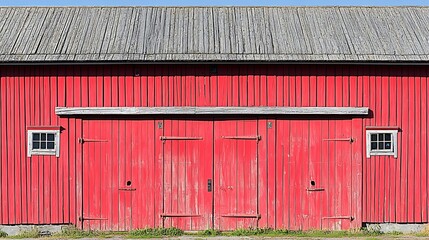 Weathered Red Barn Exterior with Windows and Large Wooden Doors on a Sunny Day