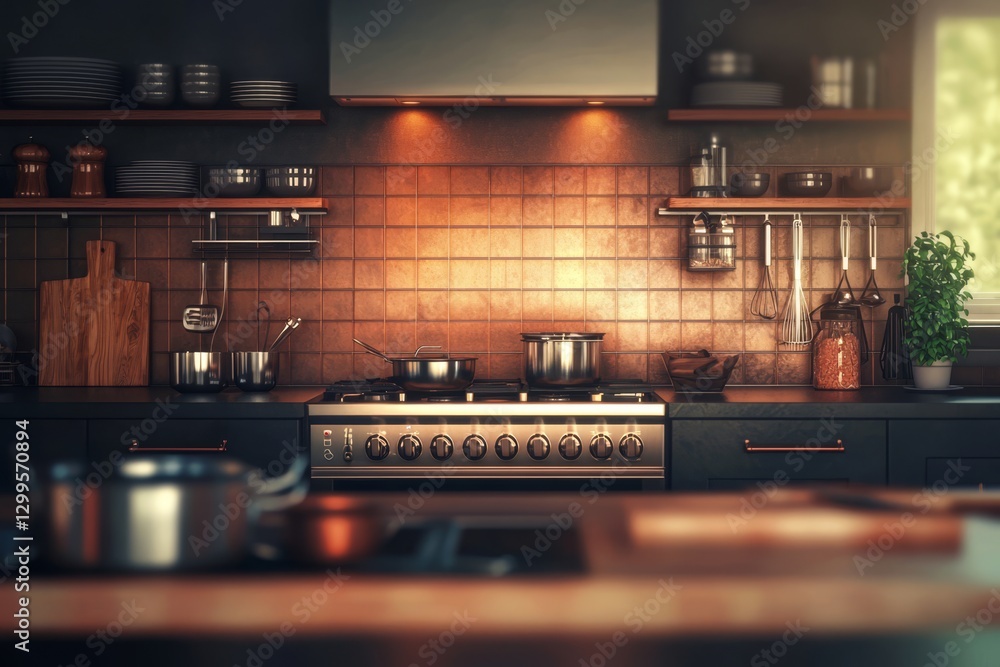 Poster an inviting kitchen scene featuring an array of cookware and gadgets.