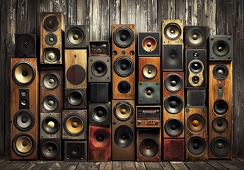 Obraz premium A row of wooden speakers featuring a charming rustic design.