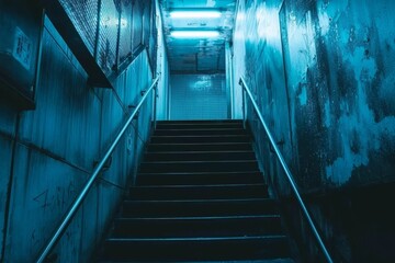 Fototapeta premium Mystical blue light permeates a shadowy stairwell