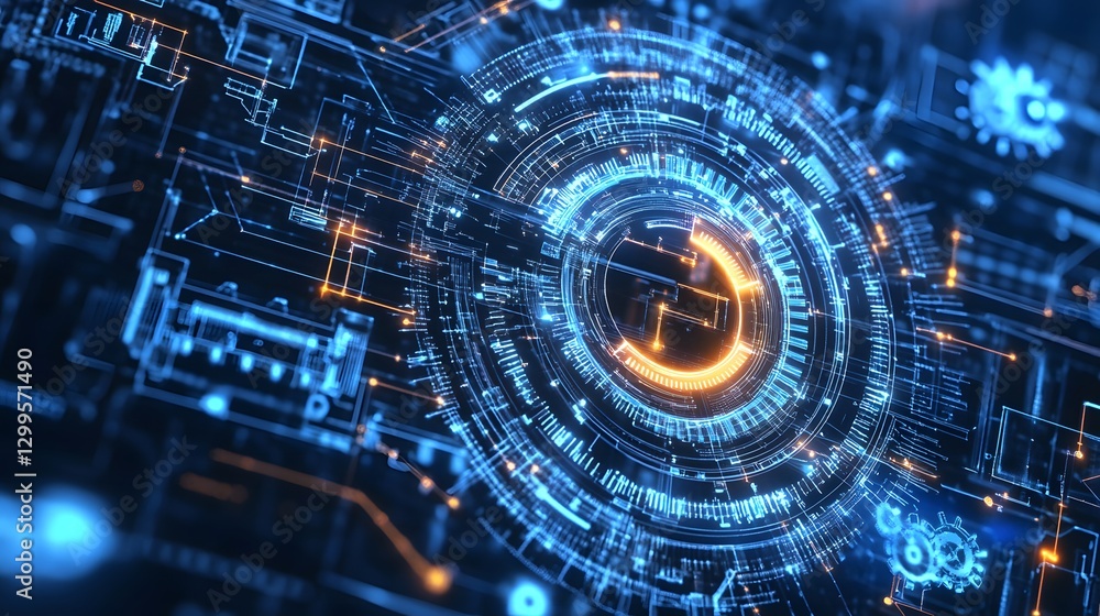 Poster a blue and orange computer screen with a circle in the middle. the circle is surrounded by a blue an