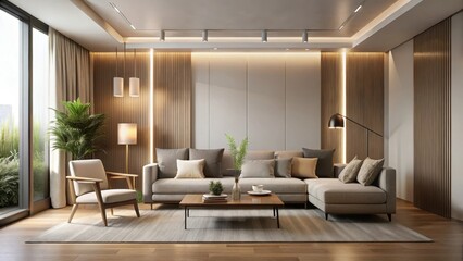 Contemporary living room with a minimalist aesthetic featuring sleek lines and a neutral color palette, low-key lighting, simplicity