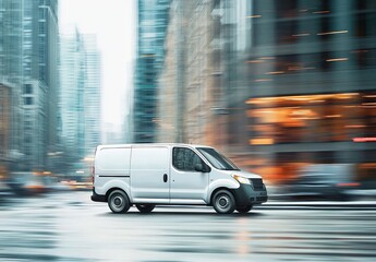 A white shipping van navigates through the bustling city streets.