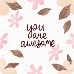 Cartoon floral, hand drawing lettering. Colourful illustration. flat Hand drawing. Romantic theme. design for greeting cards, invitation cards, posters.