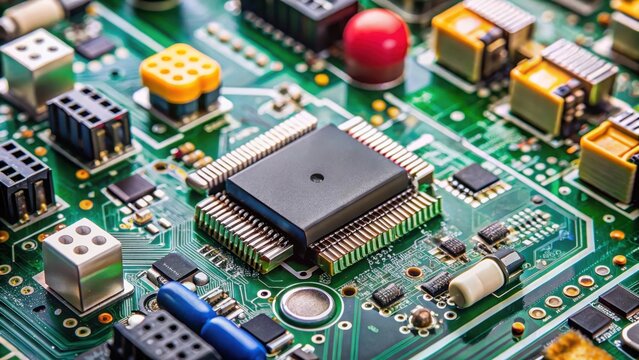 Microscopic view of electronic components on a circuit board showing Raspberry Pi module and various sensors connected by wires , microchip, sensors