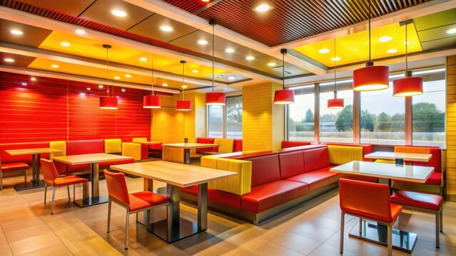 Bright red and yellow interior decor of a McDonald's restaurant with fluorescent lighting, red, yellow