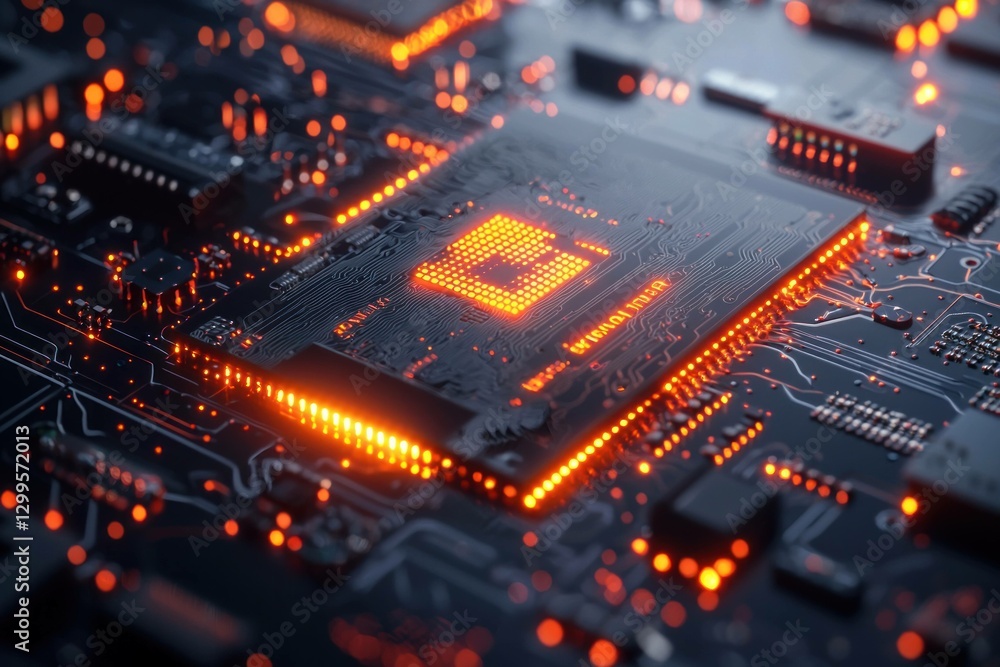 Poster close up of a futuristic microchip with glowing circuits, showcasing technology and innovation in a 