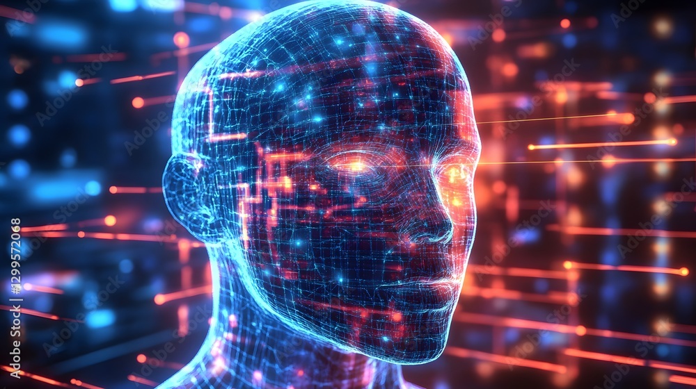 Poster a computer generated image of a face with a red and blue background. the face is surrounded by a blu