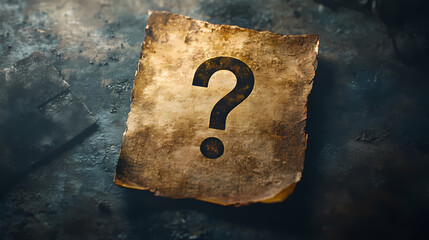 Vintage square parchment with a central question mark floating on a dark background symbolizing old world mystery and hidden information. Mystery - Night. Illustration