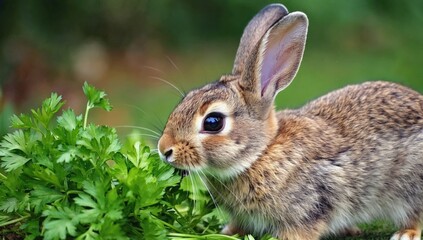 Fototapeta premium Rabbit feeding on fresh green parsley in nature view