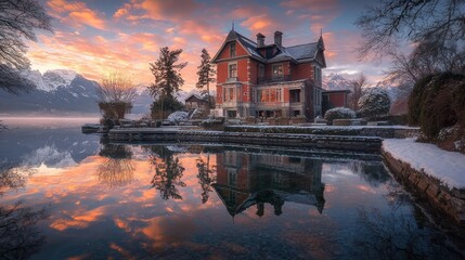Fototapeta premium Waterfront mansion reflected in calm lake at sunset, winter snow.