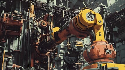 A robot is seen in a factory with a yellow and orange color. The robot is surrounded by pipes and wires. Concept of industrialization and technological advancement