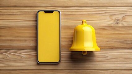 A large yellow bell with numerical display on a wooden background, surrounded by a minimalist interface for smartphone notification ring app concept, big yellow bell, notification bell