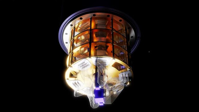 3d animation of a quantum computer as viewed from below.