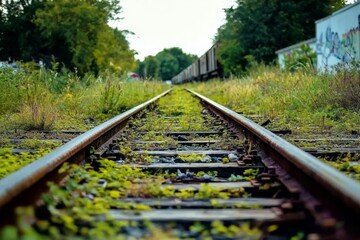 Abandoned railway scene with grass and weeds.