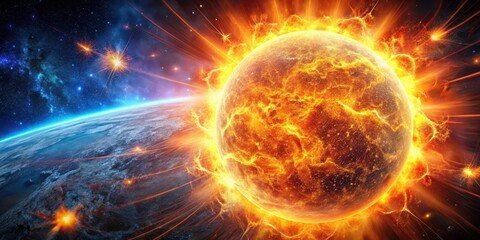 Obraz premium Solar flare radiation and plasma eruption in space with vibrant colors and intense energy, sunburst, corona