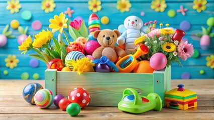 Obraz premium A charity donation box overflowing with colorful toys of various shapes and sizes is placed on a bright table amidst vibrant flowers , playtime essentials , holiday cheer