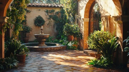 Fototapeta premium Sunlit Mediterranean courtyard with fountain, arches, and lush greenery.