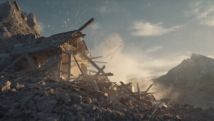 Destruction of house by earthquake mountain valley digital daylight landscape