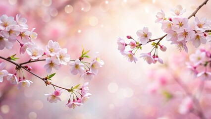 Obraz premium Delicate cherry blossom branches against a soft pastel pink and white floral background, delicate, gentle, delicate, gentle