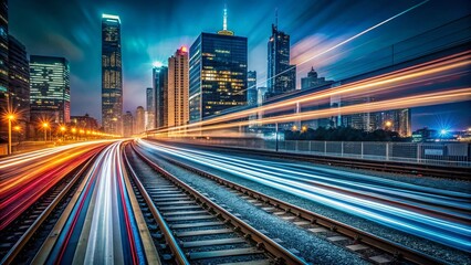 Fototapeta premium Long Exposure Train Lights Streaks Night Cityscape