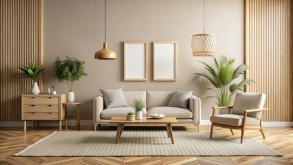 Fototapeta premium Modern geometric frame set against a neutral-toned wall in a minimalist mid-century modern living room interior with warm wood accents and a natural fiber rug, design, warm wood