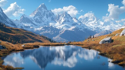 Obraz premium Majestic snow-capped mountains reflected in a serene alpine lake during autumn.
